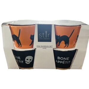 Stir Halloween Mini Ramekin Set 4 Pc Black Cat Skull Bone Appetit Cups Ceramic